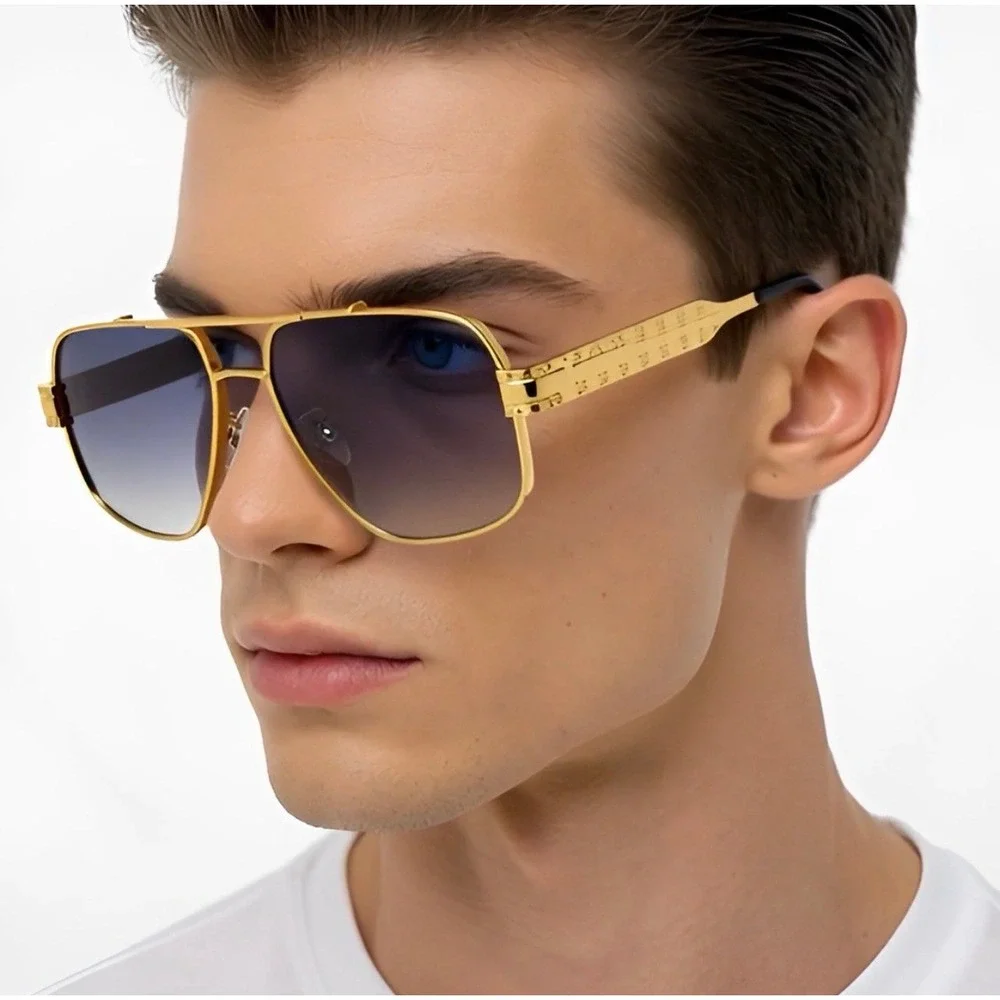 Mens Gold Square Aviator Sunglasses Bold Shaped Sophisticated Classy 80's 90's